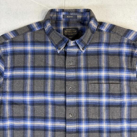 Pendleton Mason Shirt Mens Large Blue Gray Plaid Flannel Button Up Long Sleeve - Picture 2 of 7
